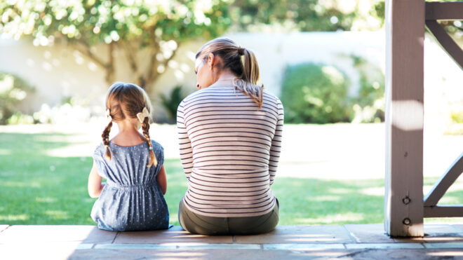 mom talking to daughter