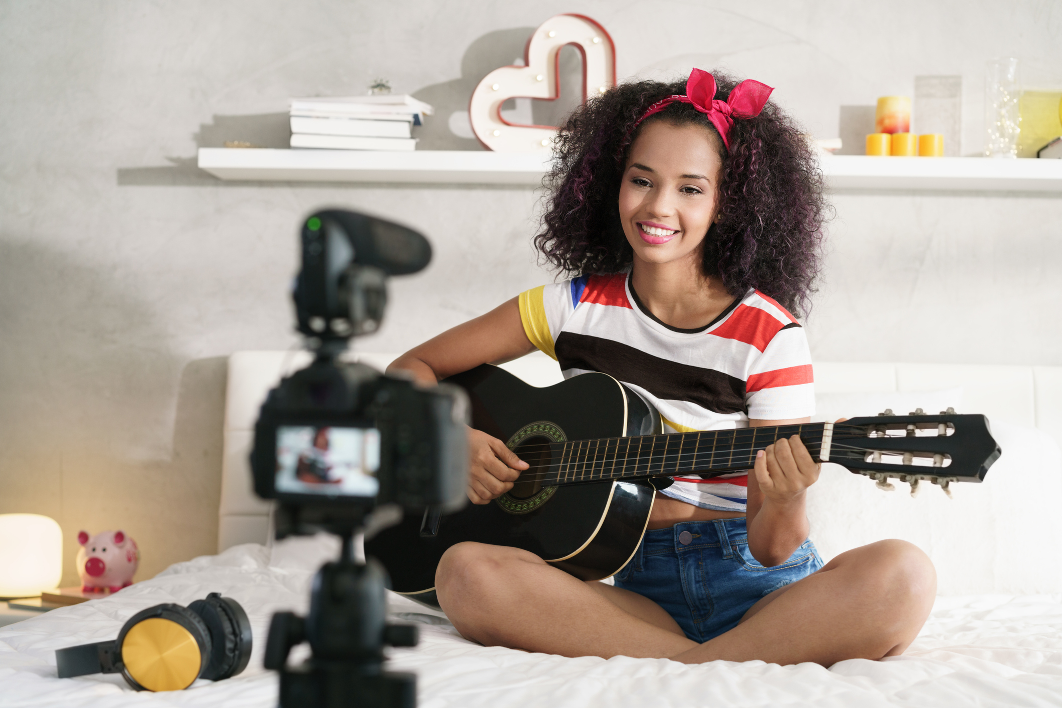 Woman Girving Guitar Class On Internet With Video Tutorial