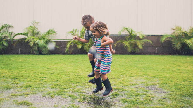 Kids jumping in puddles