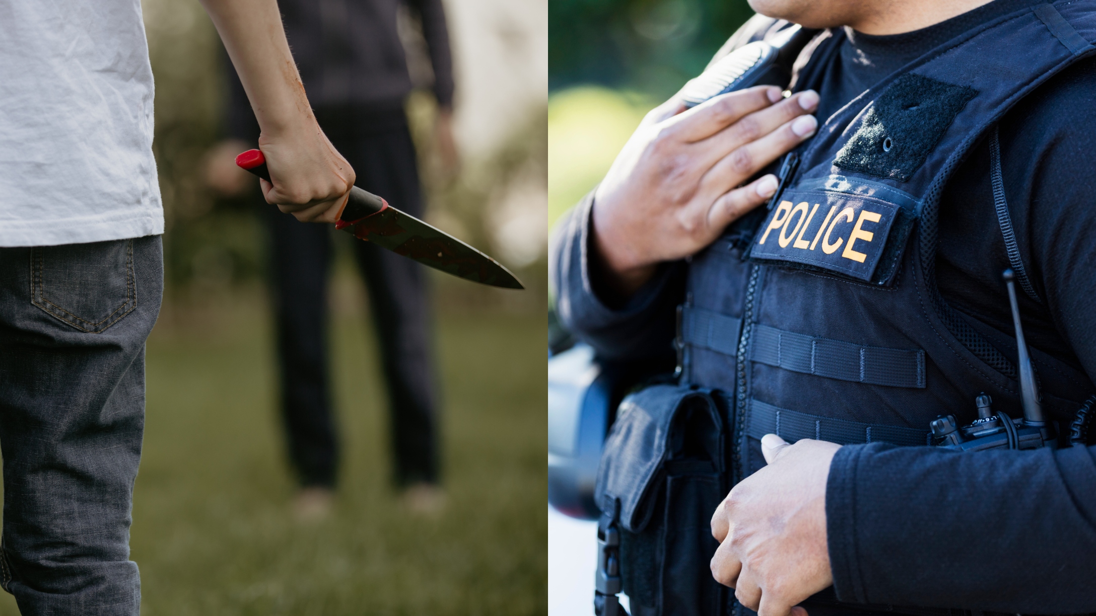 child holding knife and police officer