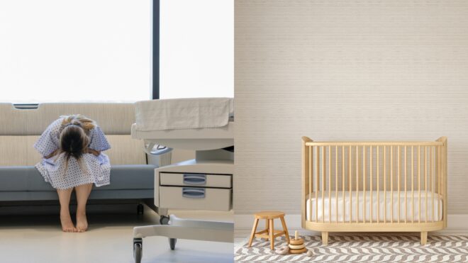 woman in hospital gown and crib