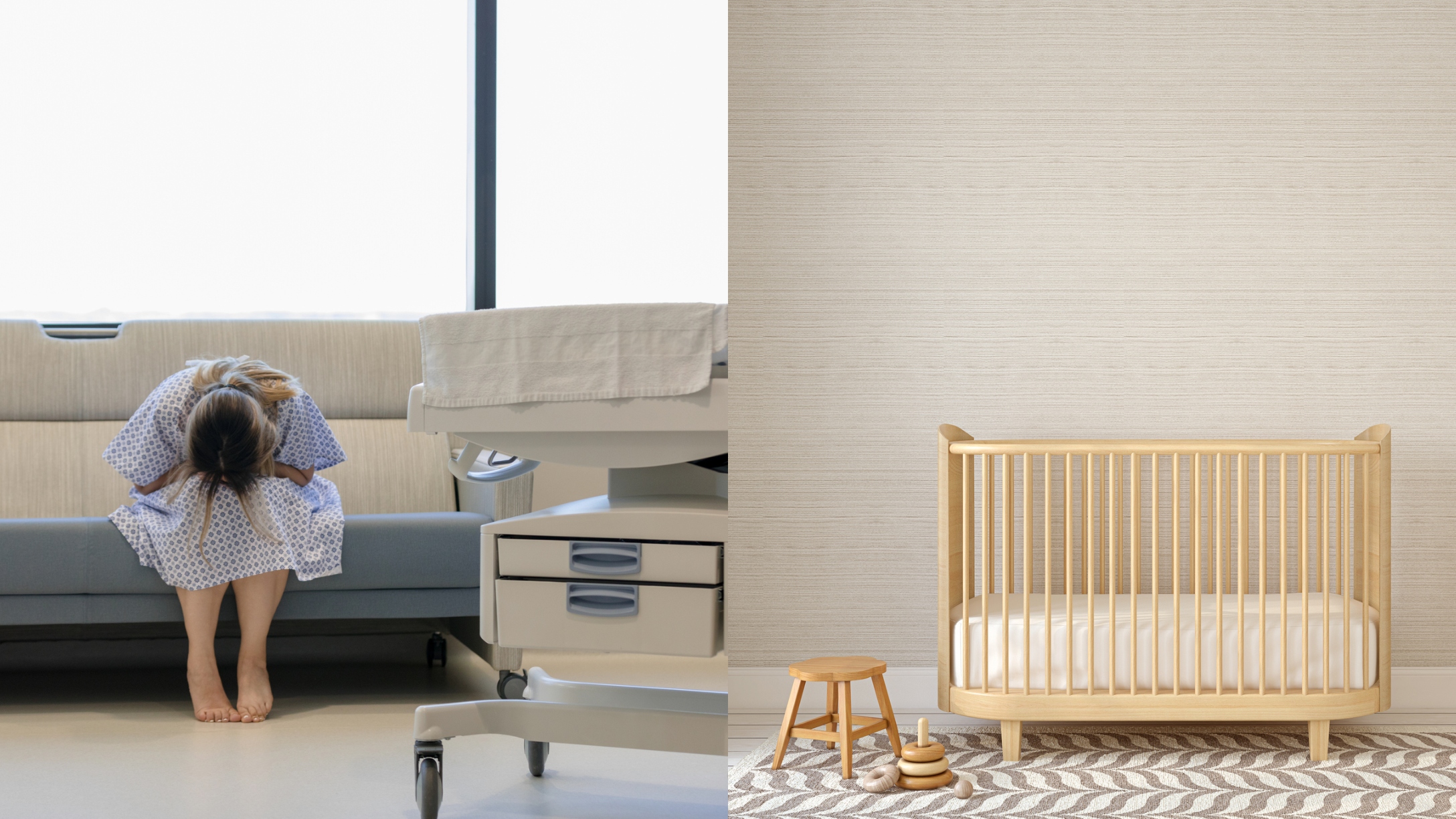 woman in hospital gown and crib