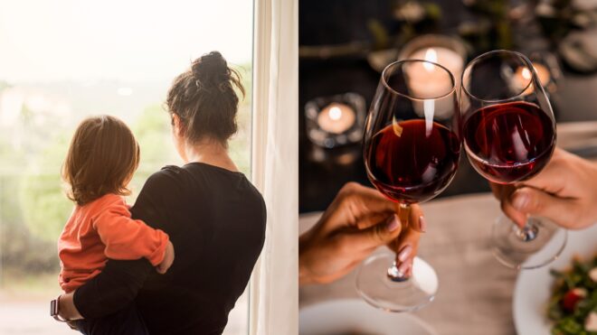 woman holding toddler and two people drinking wine