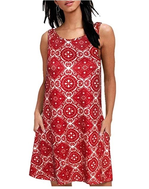 ZESICA Women's Summer Sleeveless Damask Print Pocket Loose T-Shirt Dress