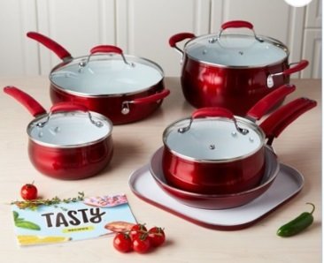 Tasty 11-Piece Cookware Set Non-Stick - Titanium Reinforced Ceramic - Red
