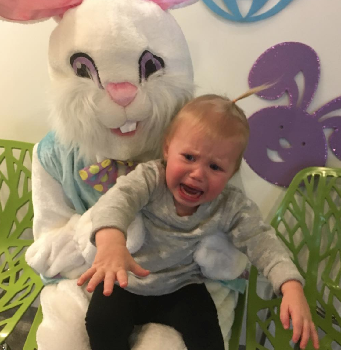 baby crying while meeting the Easter Bunny