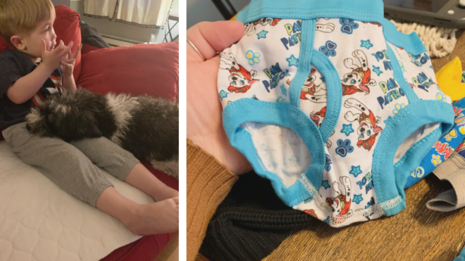 potty training story. Son on left sitting on pee pad and right new underwear