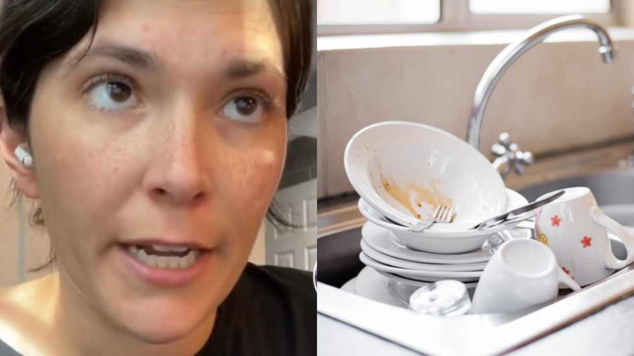 TikTok mom and dirty dishes stacked in sink