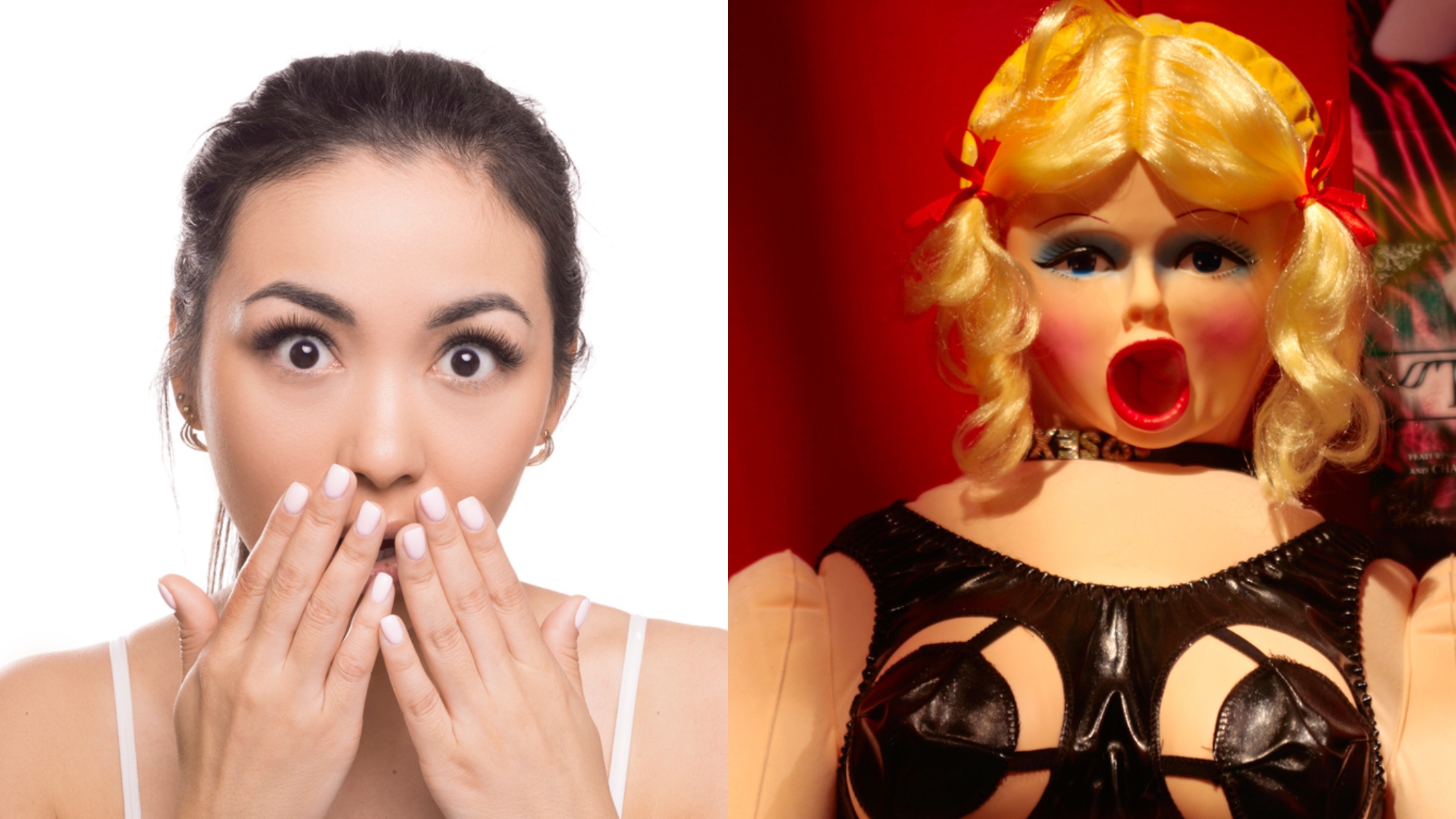 shocked woman and sex doll halloween