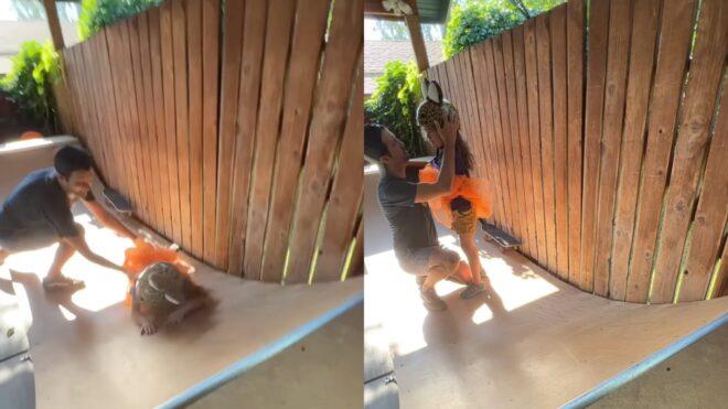 Dad Daughter Skateboard Fall