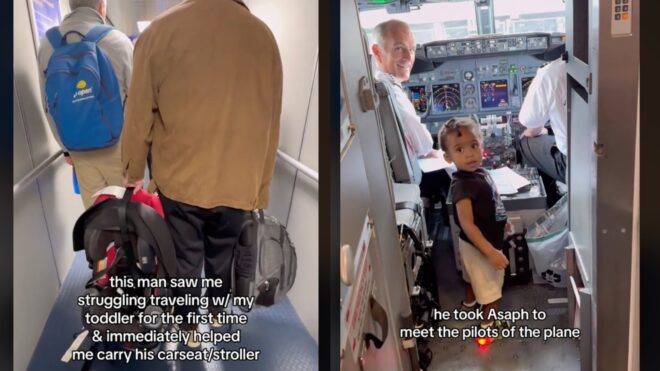 stranger helps mom with toddler on plane