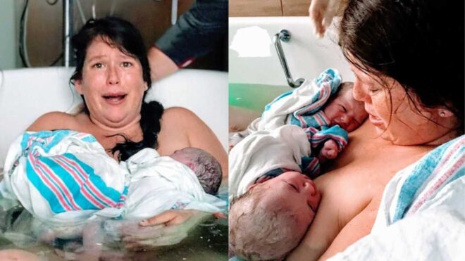 surprised mom holding newborn twins