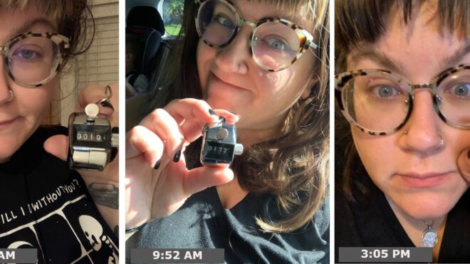 tired woman holding a tally counter that indicates how many times her child says "hey mom" throughout the day