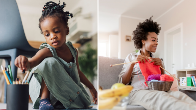 girl coloring; woman knitting