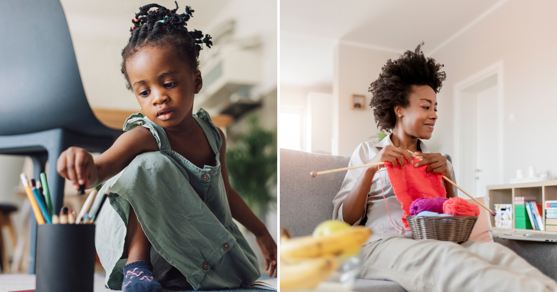 girl coloring; woman knitting