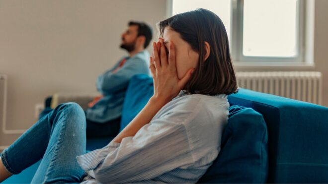 woman sad husband sad argue