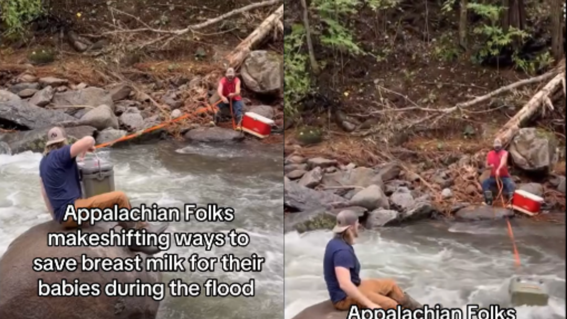 two men pulling a cooler across a raging river in the woods