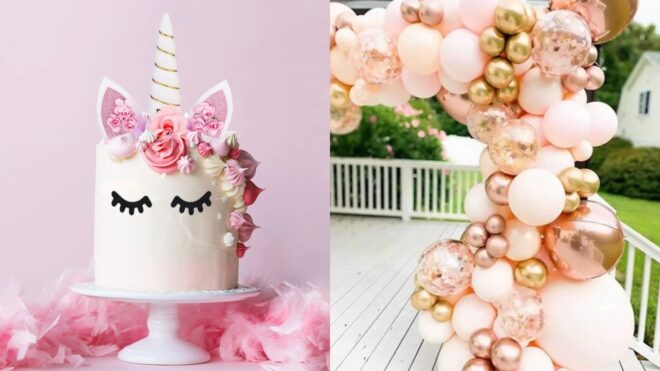 unicorn baby shower cake/pink and gold balloon garland