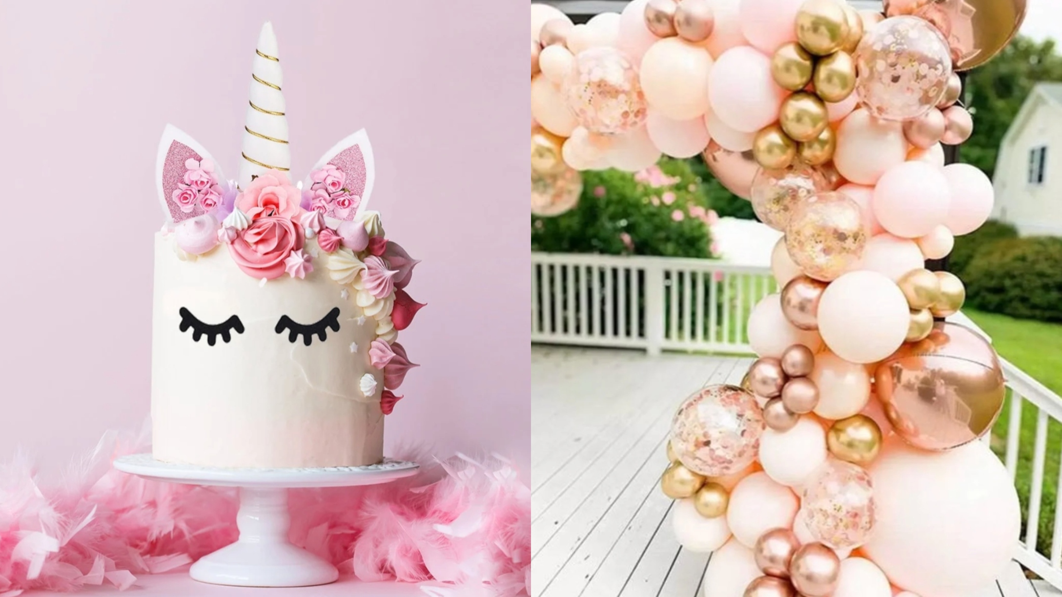 unicorn baby shower cake/pink and gold balloon garland