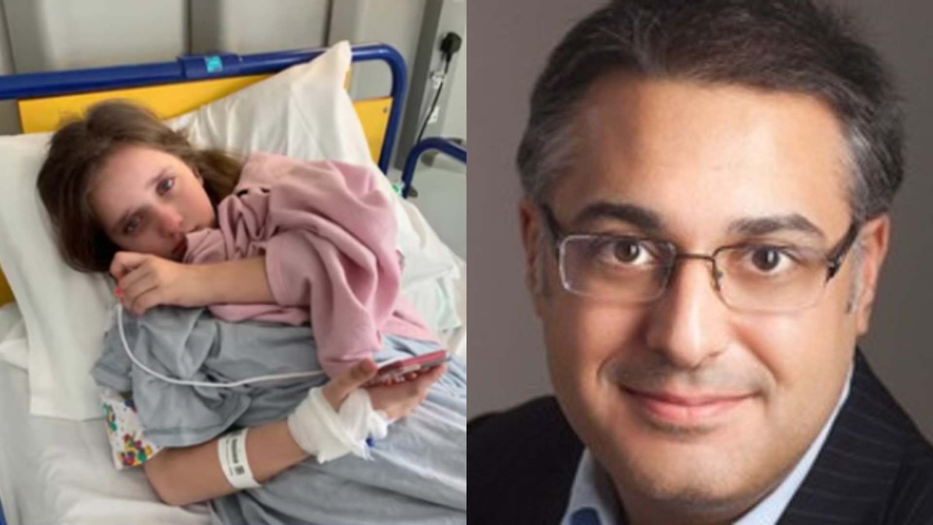 side by side of Bunty Stalham in the hospital and Dr. Yaser Jabbar head shot
