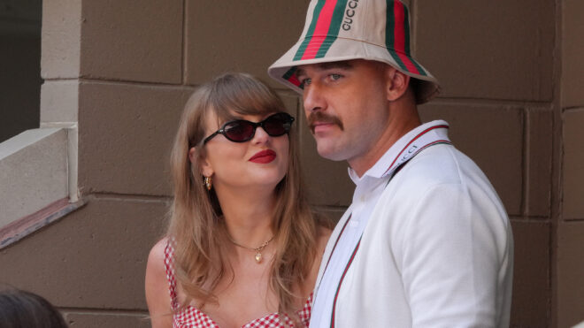 Taylor Swift, left, and Travis Kelce attend the men's final match of the U.S. Open tennis tournament at the USTA Billie Jean King National Tennis Center in New York on Sept. 8, 2024. (Timothy A. Clary/AFP/Getty Images/TNS)