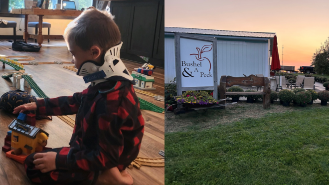 side by side of Gabe Mier and Bushel and a Peck orchard