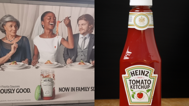 side by side of new Heinz sauce ad and a bottle of their popular ketchup