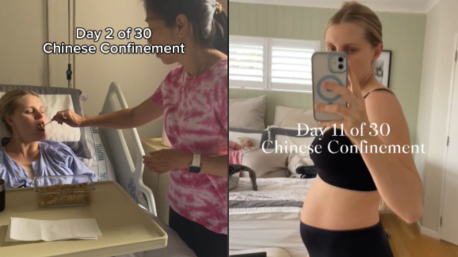 two screenshots of Samantha Lee being fed by her mother-in-law and taking a selfie