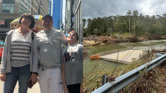 side by side of Anastasia Novitnia-Segen, Dmytro Segen and Yevhenii Segen and their destroyed home