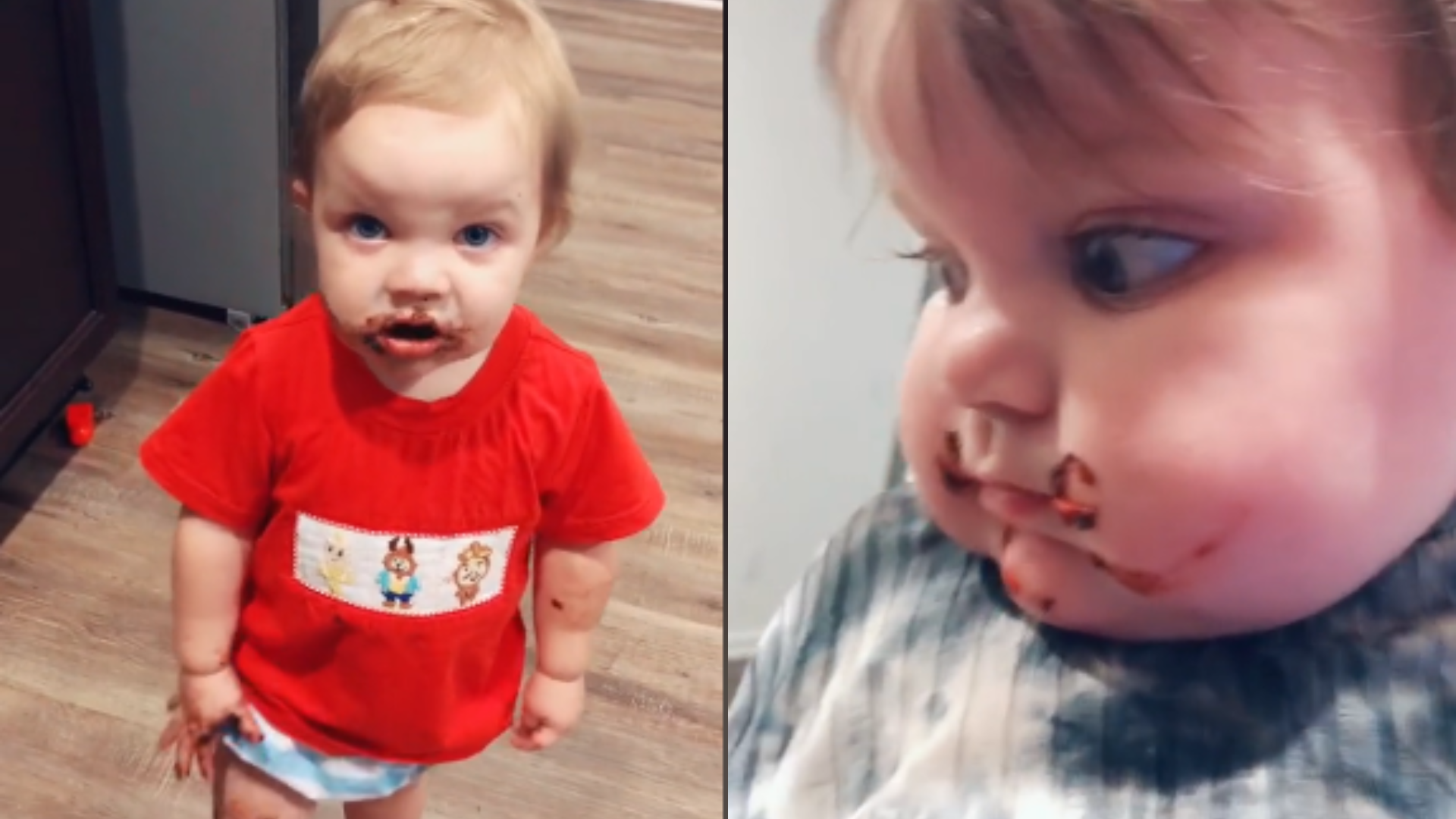side by side of toddlers covered in chocolate cake