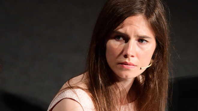 Journalist Amanda Knox attends a panel discussion titled "Trial by Media" during the Criminal Justice Festival at the Law University of Modena, Italy, in 2019.