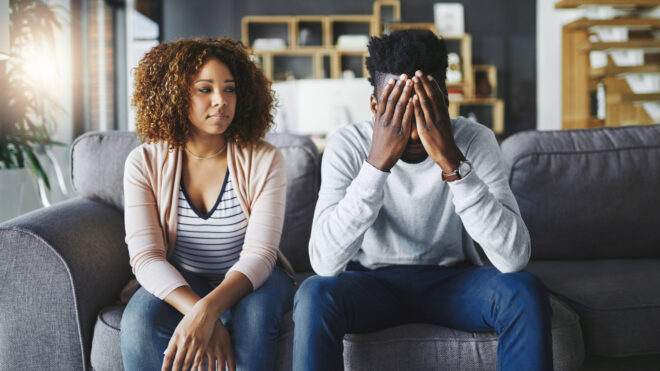 man embarrassed by woman