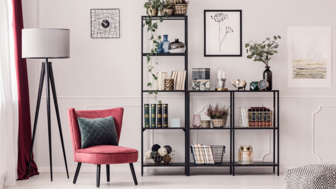 styled bookshelf in living room