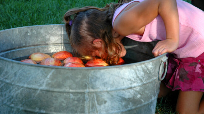 Small girl bobbing for apples in big water bucket