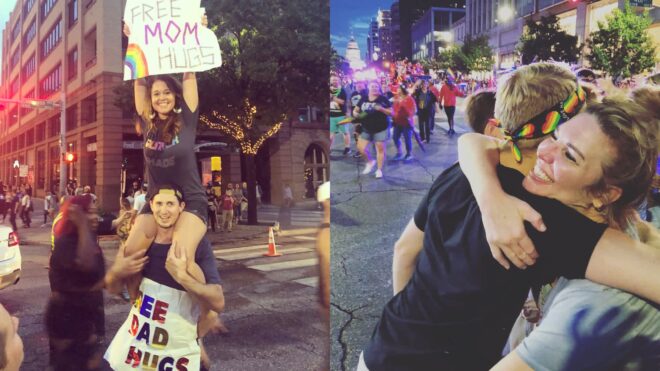 mom hugs at pride parade