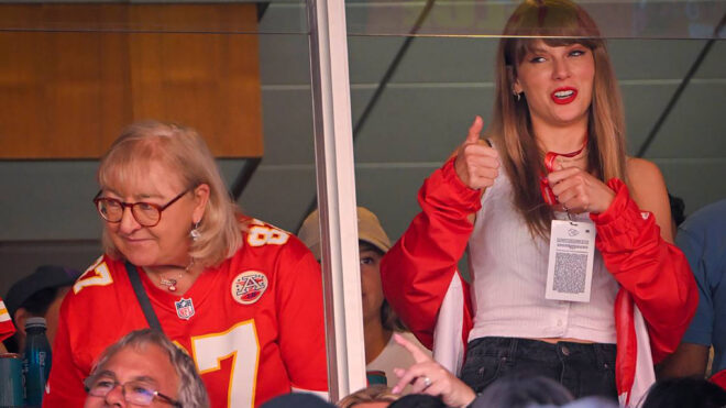 Donna Kelce, left, mother of Chiefs tight end Travis Kelce watched the game with pop superstar Taylor Swift, center, during the first-half on Sunday, Sept. 24, 2023, at GEHA Field at Arrowhead Stadium in Kansas City. (Tammy Ljungblad/Kansas City Star/TNS)