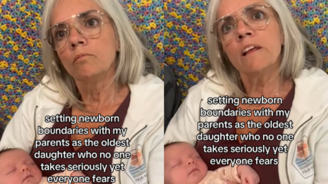 Grandma asking if she can kiss her granddaughter's head