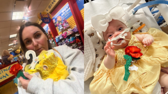 mom buying her preemie baby a Build a Bear dress