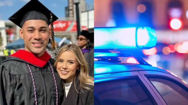 side by side of Rick Ballard and Dalia Olivas and a police car