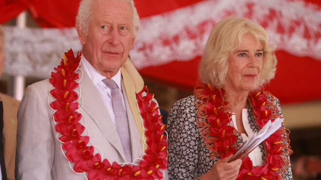 King Charles III and Queen Camilla attend a farewell ceremony on the final day of the royal visit to Australia and Samoa at the Siumu Village on Oct. 26, 2024, in Apia, Samoa. (Ian Vogler/Pool/Getty Images/TNS)