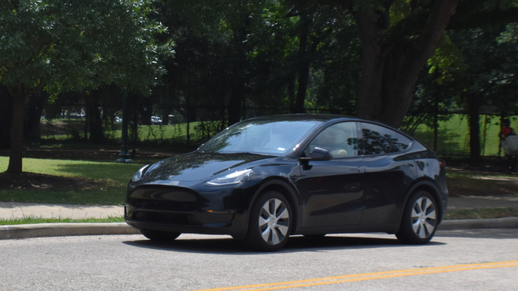black Tesla driving down a tree-lined street