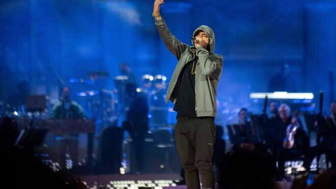 Eminem performs during "Live from Detroit: The Concert at Michigan Central" on June 6, 2024, in Detroit. (Katy Kildee/The Detroit News/TNS)