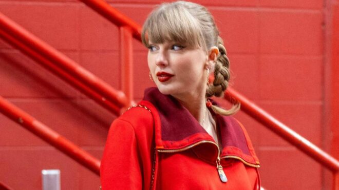 Taylor Swift returned to GEHA Field at Arrowhead Stadium on Friday wearing a sleek, cropped Louis Vuitton half-zip coat with skinny black jeans. She is on a break before wrapping up her Eras Tour on Dec. 8 in Canada.