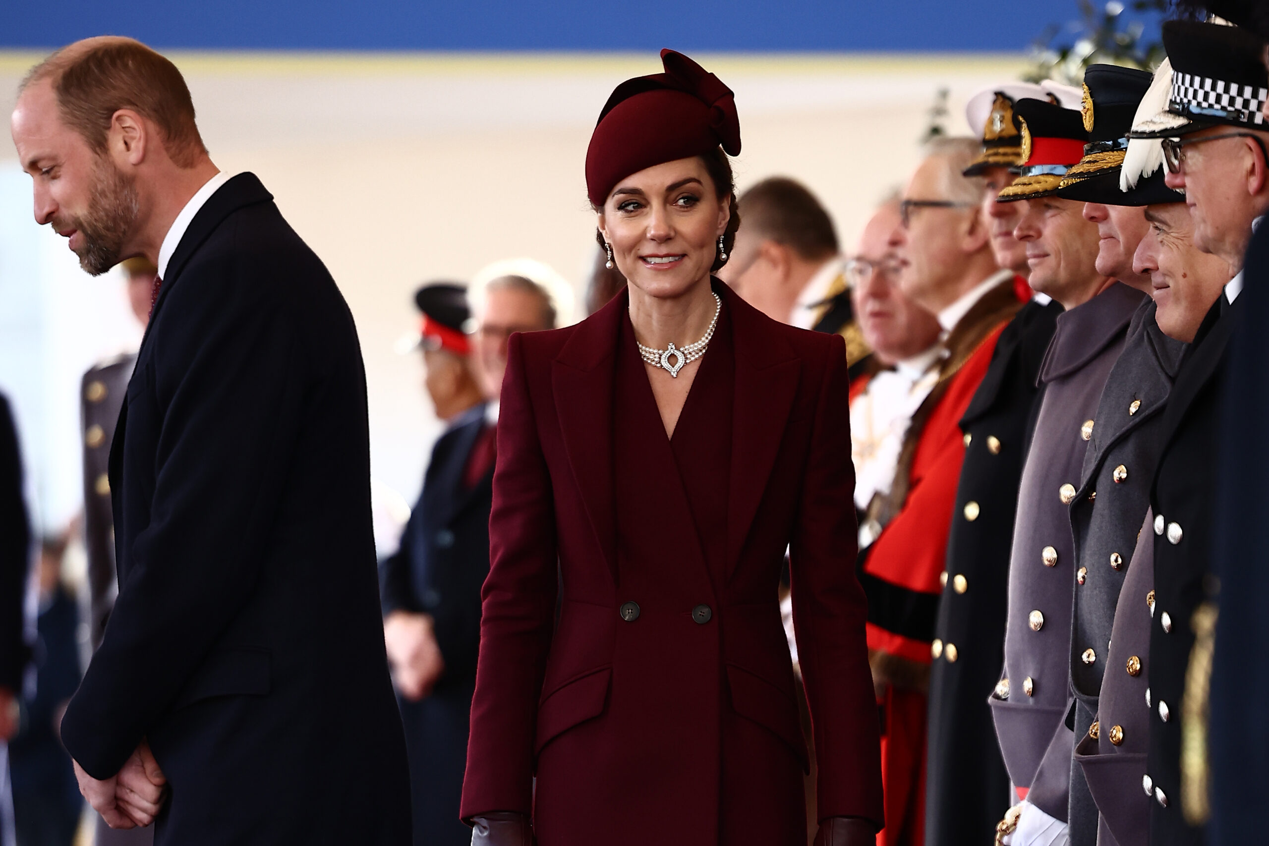 LONDON, ENGLAND - DECEMBER 3: Prince William, Prince of Wales and Catherine, Princess of Wales greet dignitaries as she arrives to form part of a Ceremonial Welcome at Horse Guards Parade during day one of The Amir of the State of Qatar's visit to the United Kingdom on December 3, 2024 in London, England. His Highness Sheikh Tamim bin Hamad Al Thani, Amir of the State of Qatar, accompanied by Her Highness Sheikha Jawaher bint Hamad bin Suhaim Al Thani, will hold several engagements with The Prince and Princess of Wales, The King and Queen as well as political figures. (Photo by Henry Nicholls-WPA Pool/Getty Images)