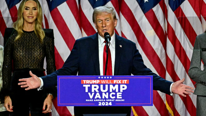 Donald Trump speaks during an election night event at the West Palm Beach Convention Center in West Palm Beach, Florida, on Nov. 6, 2024. (Jim Watson/AFP/Getty Images/TNS)