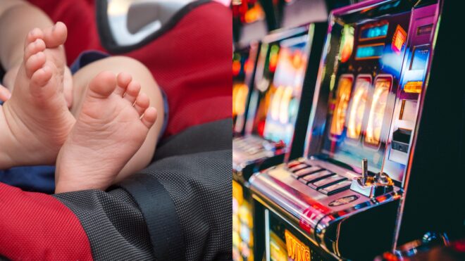 Baby's foot in car seat, casino