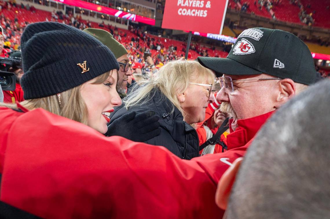 Taylor Swift embraces Kansas City Chiefs head coach Andy Reid after the Chiefs 32-29 victory over the Buffalo Bills in the AFC Championship Game on Sunday, Jan. 26, 2025, at GEHA Field at Arrowhead Stadium.