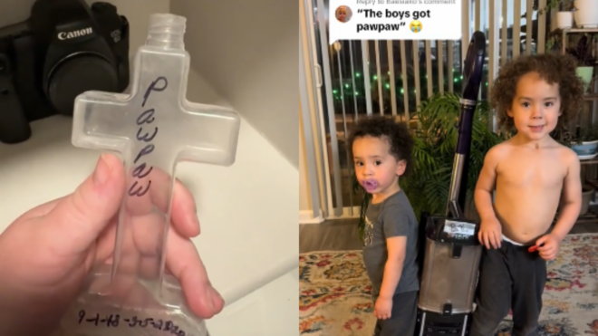 side by side of hand holding empty cross container and two smiling toddler sons