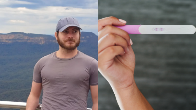 side by side of Kyle Gordy and woman's hand holding a pregnancy test