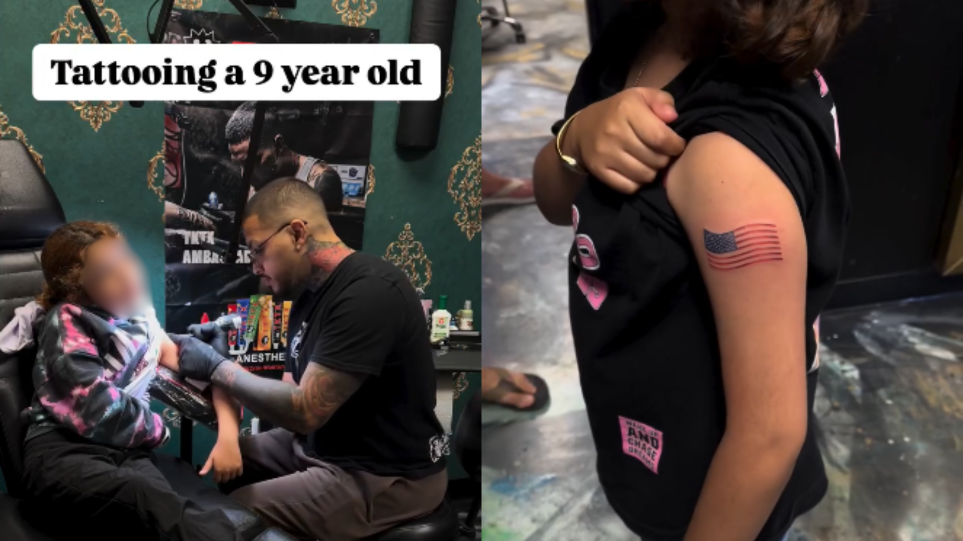 side by side images of a nine-year-old girl getting an American flag tattoo